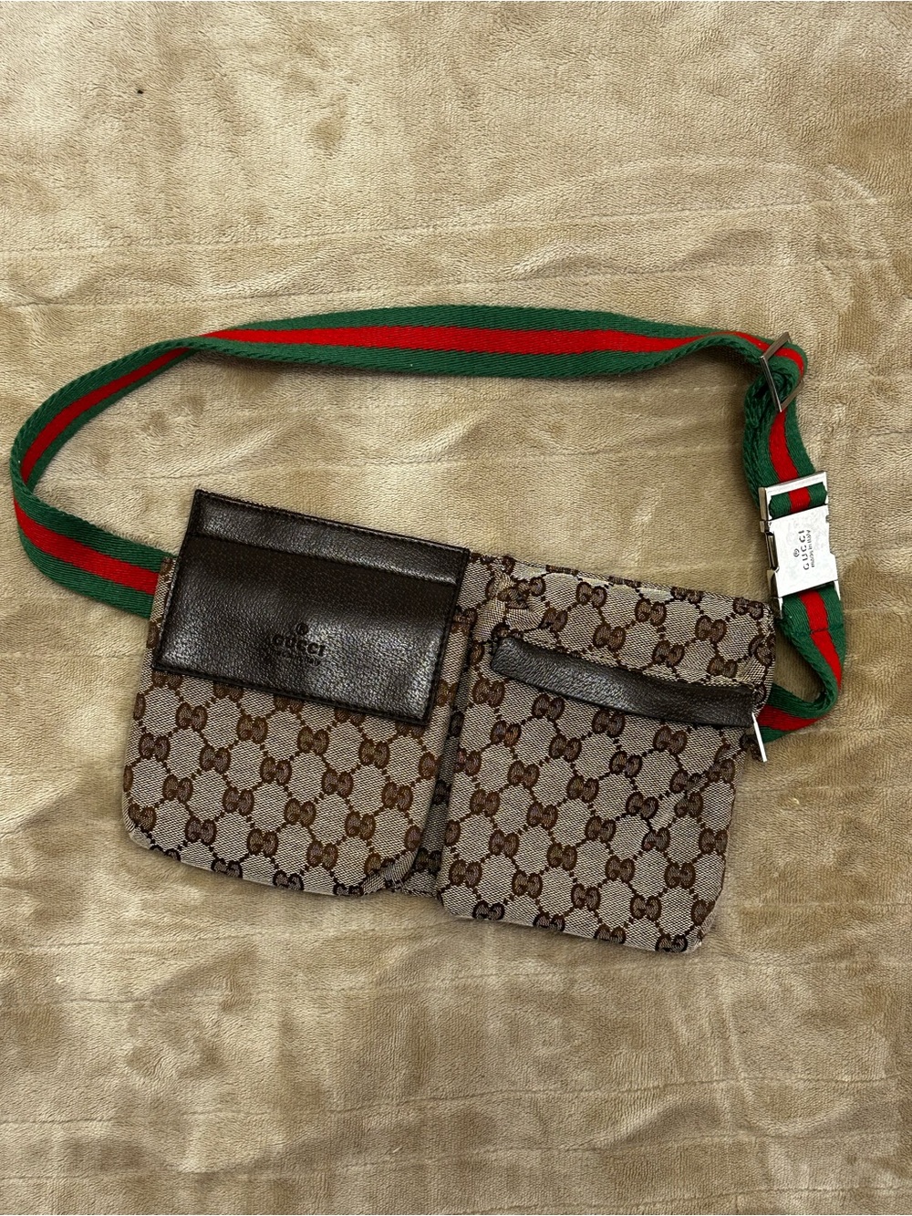 Gucci GG Monogram Canvas Belt Bag Waist Pack Green Red Strap